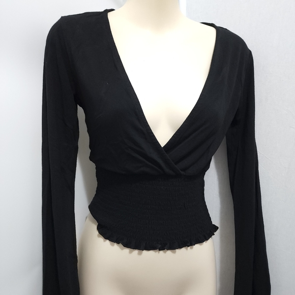 Aus S Glassons Black Wrap Front Long Sleeve Stretch Crop Top - Picture 4 of 16